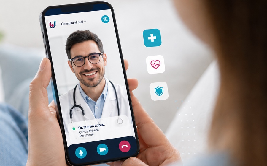 Una afiliada sostiene su celular durante una consulta virtual con un médico